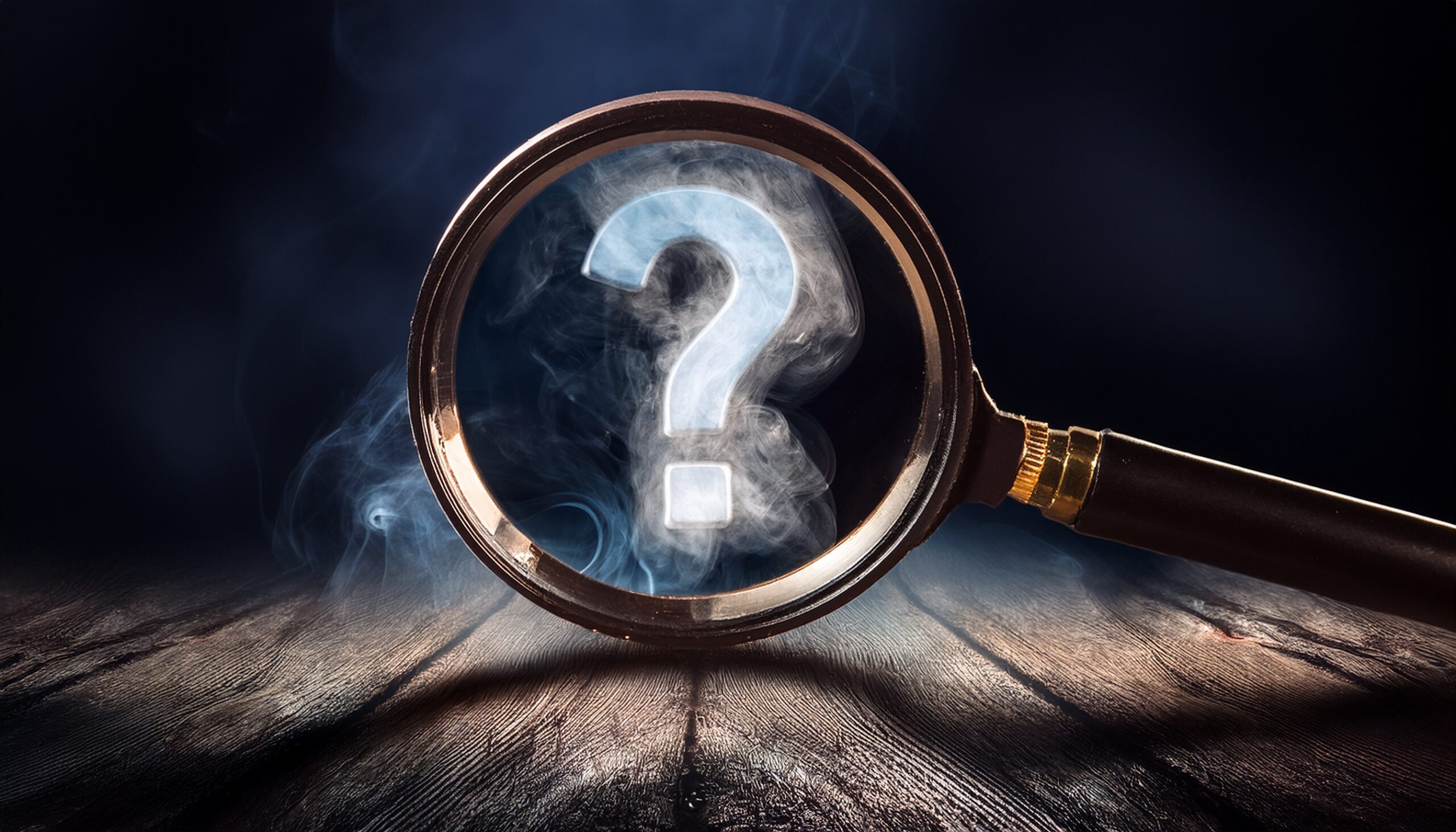 探偵の虫眼鏡、疑問符、ミステリアス、闇夜、大きな透明な煙 Generated by AI